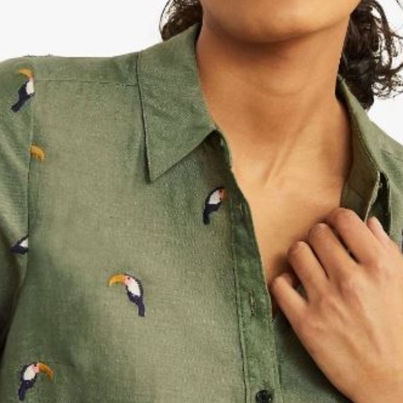 ❤️🎉HP🎉❤️ BODEN Toucan Bird Embroidered Linen Shirt, Olive, Size US 2P / … - Picture 3 of 13